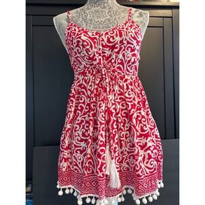 Red White Print Mini Romper LJC Designs Tassel Pom Pom Sleeveless  Boho Casual